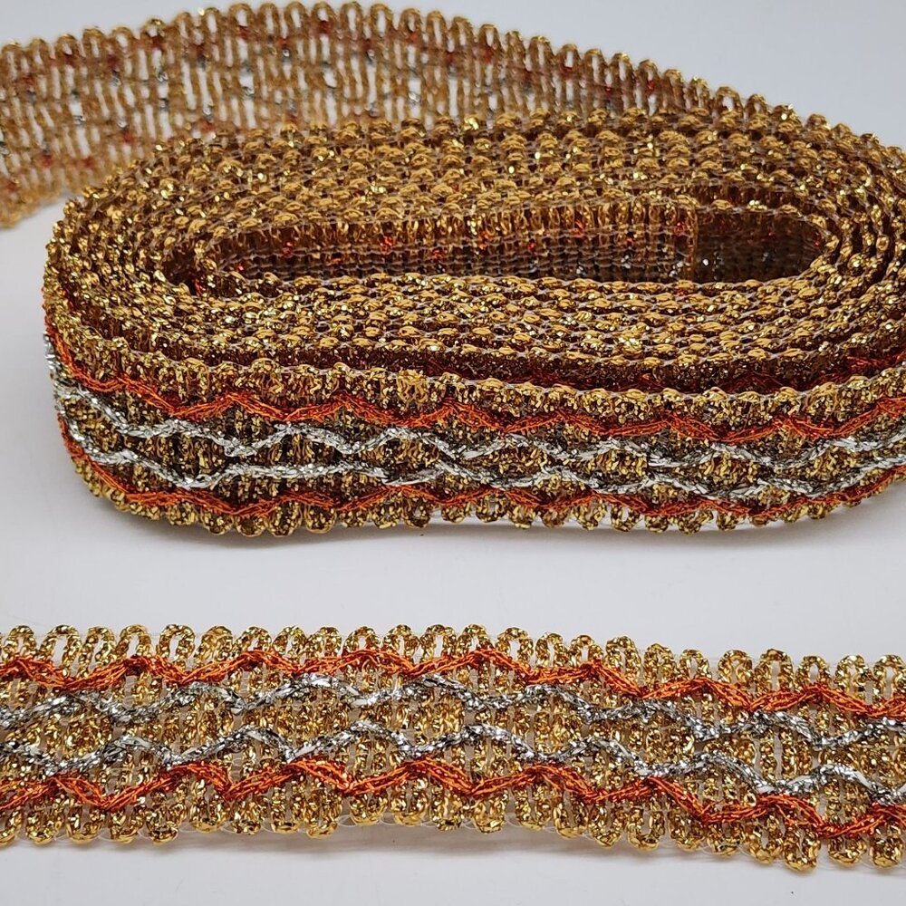 Metallic Trim Ribbon Gold Orange & Silver Decorative Crafts Sewing 3 Yds 1" Wide